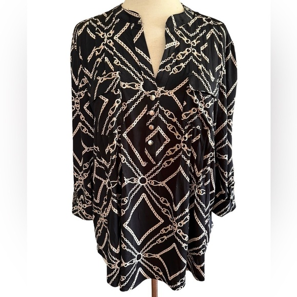 Cocomo Tops - COCOMO XL Black Beige 3/4 sleeve women's Pintuck Blouse tunic shirt